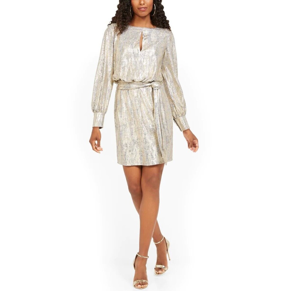 Vince Camuto Women's Gold Silver Metallic Tie Shift Dress Size 4 NWT $180 - Picture 1 of 8